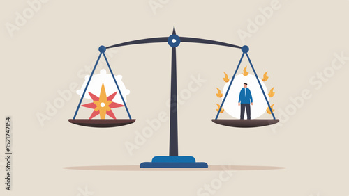 Scales balancing gear and starburst against a man surrounded by flames in a conceptual design