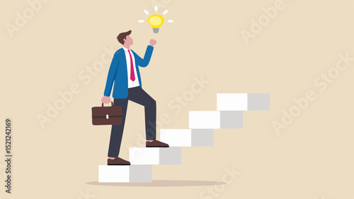Businessman with briefcase climbing stairs towards a lightbulb representing an idea or innovation goal achievement