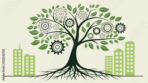Illustration of a tree with gear shaped leaves and roots with buildings in the background in green color