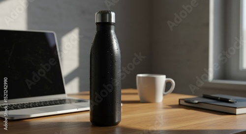 Black stainless steel water bottle on wooden desk with laptop and coffee cup