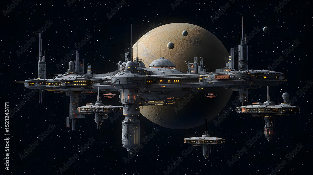 Naklejka premium Pixel Art Spaceships And Space Station In Dark Outer Space