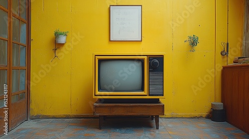 Vintage Television on Yellow Background