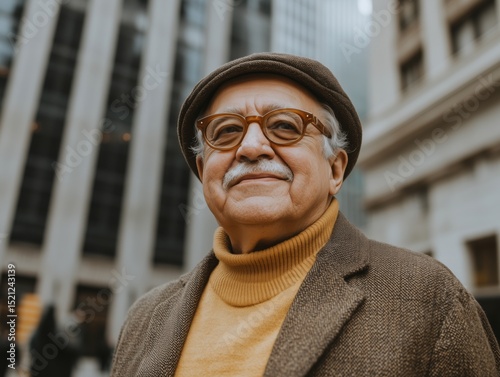 A cheerful elderly man wearing glasses and a hat, standing in an urban setting.