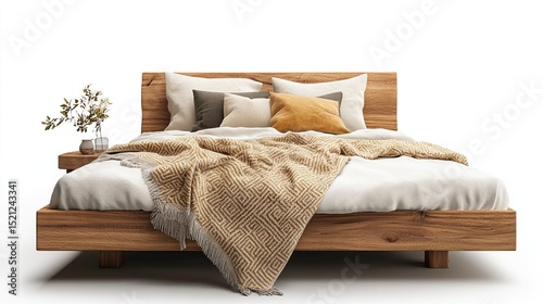 A low platform bed with a wooden frame, dressed in white linens and a mustard-toned throw blanket, sits against a white background.  A small side table with a vase of greenery is visible to the left