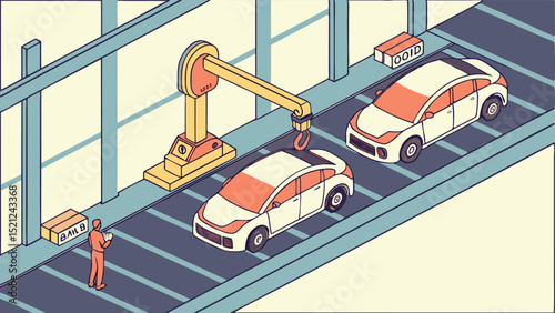Isometric view of car manufacturing assembly line with robotic arm and worker inspecting the process