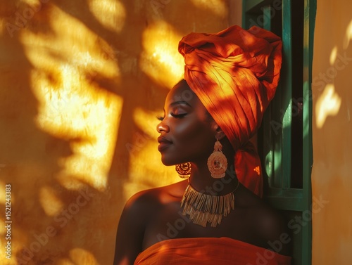 A beautiful woman with an orange headwrap and earrings, posing against a warm yellow wall.