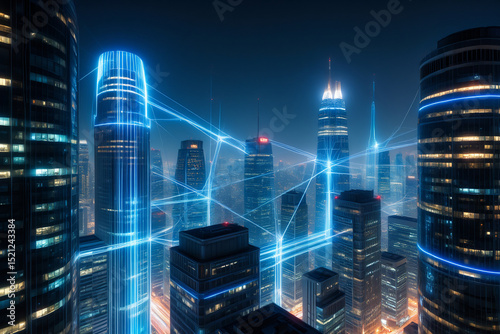 Futuristic city network technology cityscape skyline connected buildings