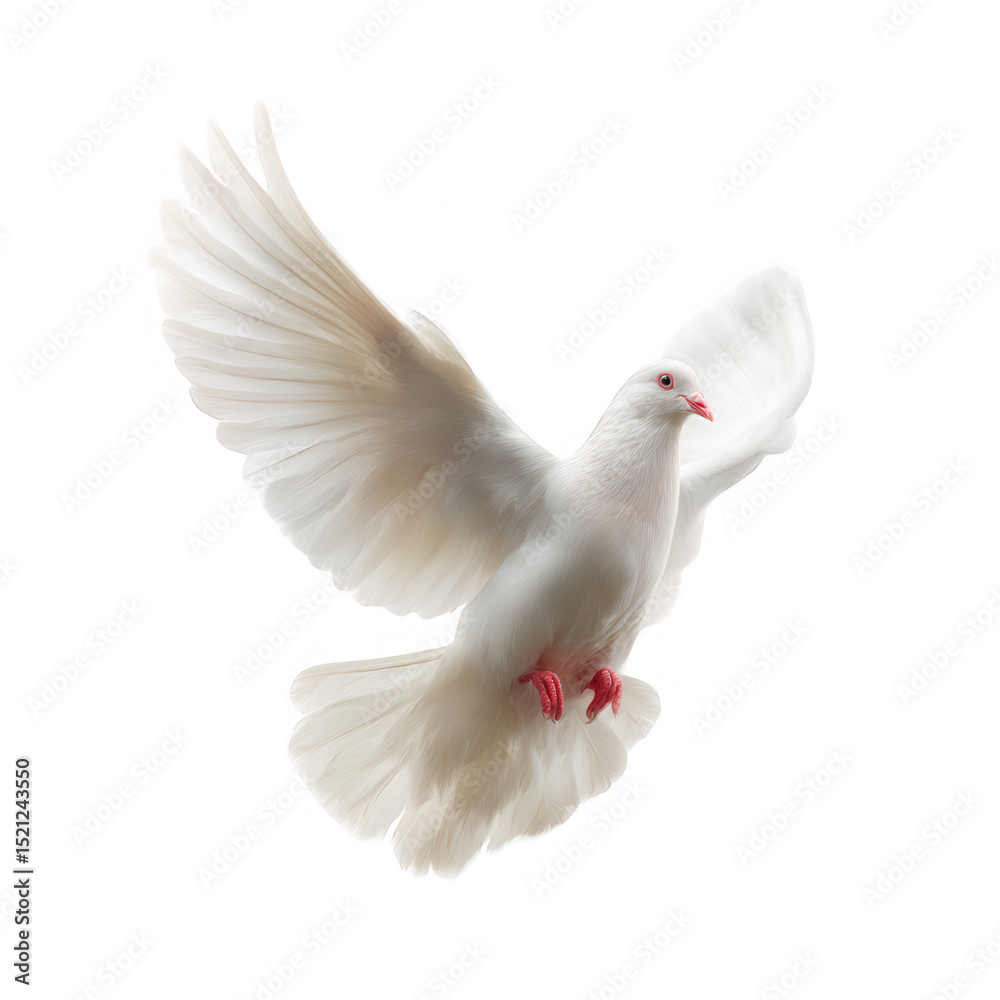 Fototapeta premium A white dove with wings outstretched, soaring gracefully against a clean white background.