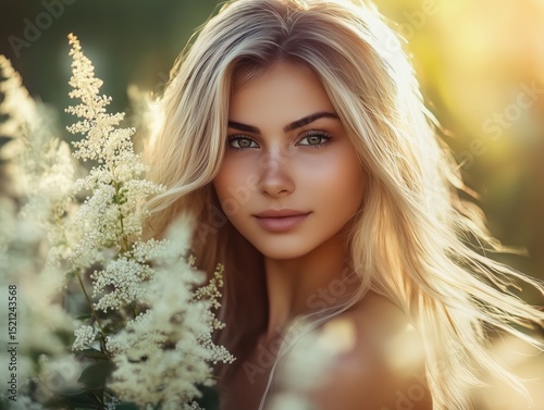 A stunning young woman with long blonde hair surrounded by white flowers in a sunlit outdoor setting.