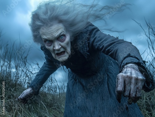 An eerie old woman with long gray hair reaching out in a dark, moody landscape.