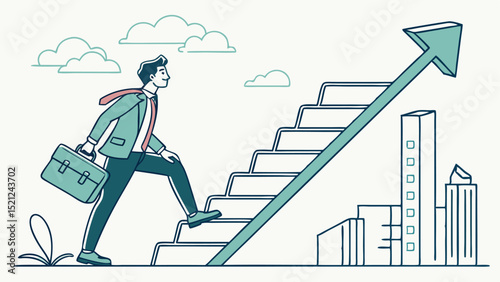 Man in suit climbing stairs with briefcase and arrow pointing upwards towards city skyline view