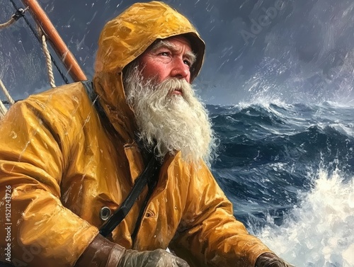 A weathered fisherman in a yellow raincoat gazes at the stormy sea.