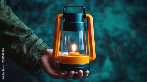 A child's hand gently cradles a small, yellow and black oil lantern emitting a warm, soft glow against a dark teal textured backdrop