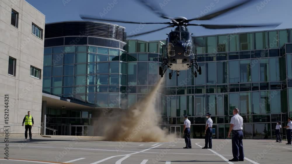 Helicopter lifting off from hospital helipad, generating swirling dust cloud and powerful rotor wash during emergency medical transport