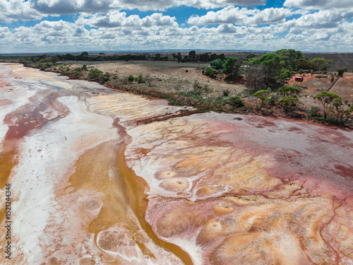 Aerial view of abstract patterns and colours in an outback salt lake