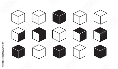 Geometric cubes perspective silhouette set of variations on white background simple modern design elements