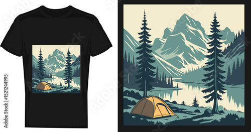 Vintage styled abstract mountain landscape scenery for t-shirt print or poster design isolated on light background. Vector illustration