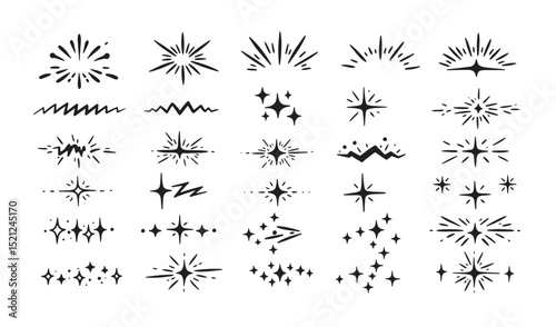 Collection of hand drawn starbursts and sparkles in silhouette on white background for design elements
