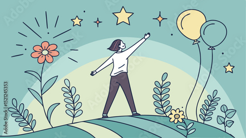 Woman reaching for stars and balloons on a hill with flowers and plants under a light blue sky scene