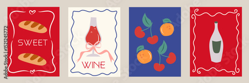 Summer Italy la dolce vita vintage poster set with Italian Mediterranean food, wine, cherry, orange, pastry for wall art decor. Flat vector illustration whimsical aesthetic style. Blue and red color.