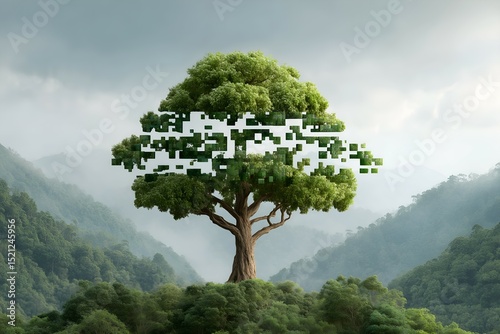 Lush Green Tree in Misty Mountain Landscape with Partial Pixelation, Digital Nature Concept, Blend of Natural Beauty and Technology, Environmental Innovation, Contemporary Eco Art