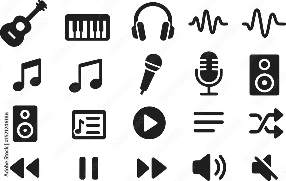 Fototapeta premium Music icons representing instruments, sound, and playback controls