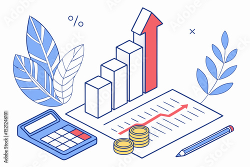 3D bar chart with rising red arrow, coins, and calculator in vector style
