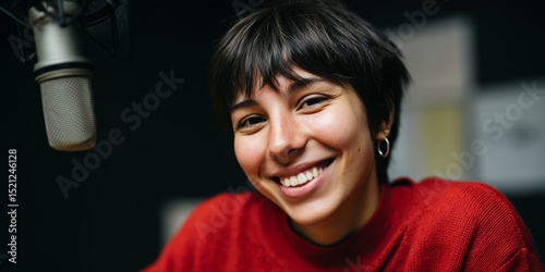 Smiling young caucasian female podcaster in red sweater with short dark hair