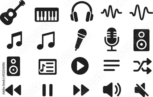 Music icons representing instruments, sound, and playback controls