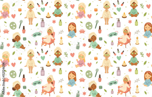 Seamless spa party pattern with girls in towels, face masks, candles, spa items, flowers and oils in soft pastel colors for children’s beauty decor. Vector illustration