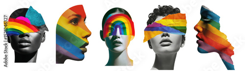 pride collage portrait of diverse women with rainbow paper art