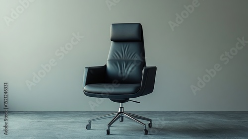 A high-backed, black leather executive office chair with a polished chrome base sits on a concrete floor against a muted grey wall, illuminated by soft, diffused light