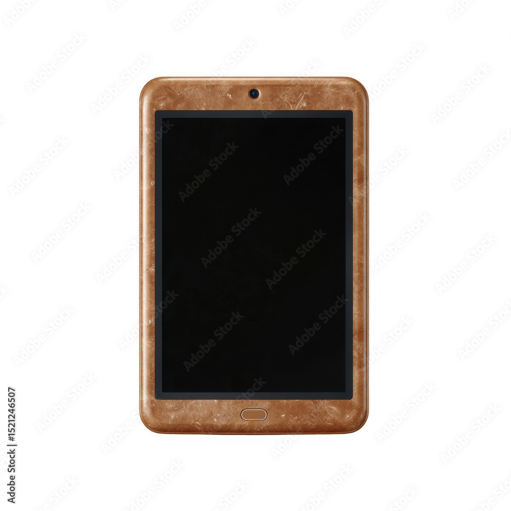 Fototapeta premium Die-Cut tablet with a sleek brown casing, isolated on a white background.