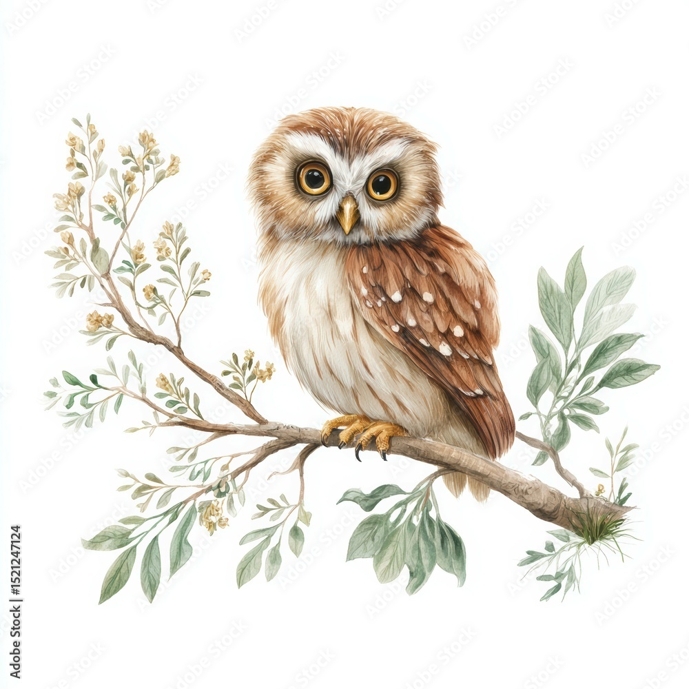 Naklejka premium Beautiful owl perched on a branch surrounded by delicate leaves and flowers in a serene natural setting