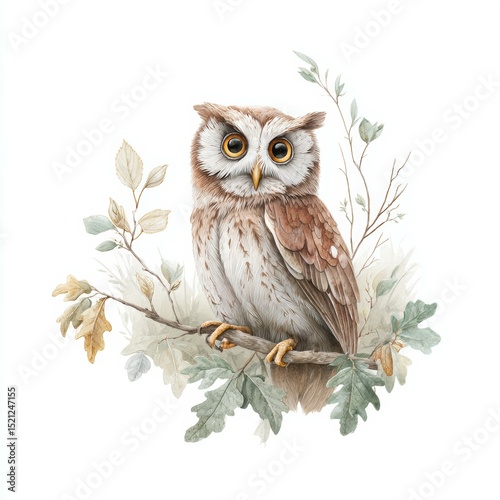Cute owl perched on a branch surrounded by leaves in a peaceful forest setting during daylight