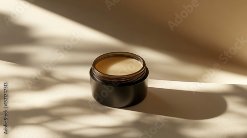 A dark amber jar of light beige cream sits on a pale beige surface, bathed in soft, angled sunlight casting leafy shadows