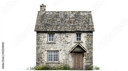A quaint, rustic stone cottage with a gabled roof, weathered stone facade, small windows, a wooden door, and a chimney, set against a stark white background.  Sparse vegetation is visible at the base