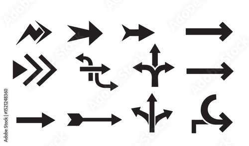 Collection of black arrow silhouettes indicating various directions and paths on a white background for design