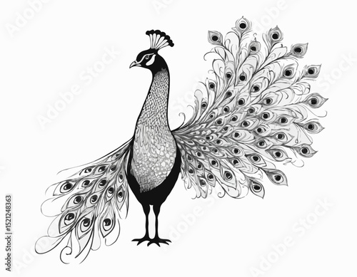 Regal Peacock Line Art Illustration with Stunning Tail Feathers