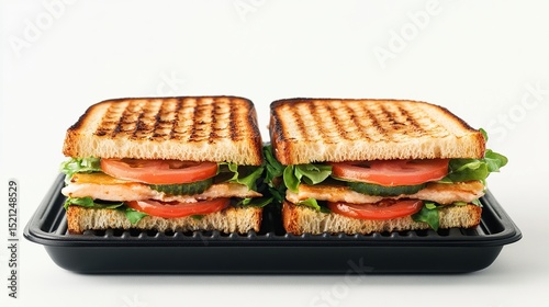 Two grilled chicken sandwiches on a black tray, featuring toasted bread, lettuce, tomato, and cucumber slices.  The sandwiches are neatly arranged and show grill marks