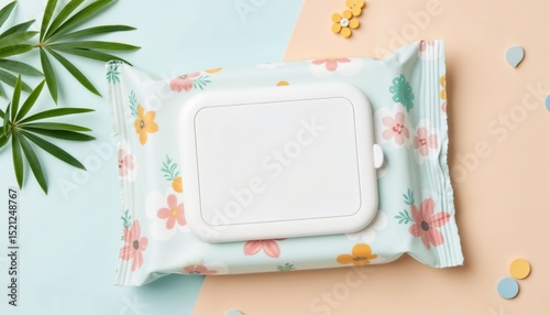 Opened pack of wet wipes on colorful background with copy space for text