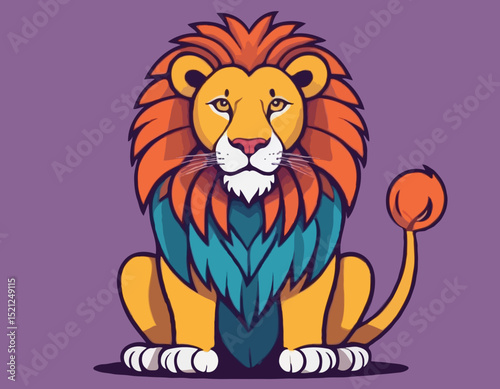 Colorful cartoon lion sitting upfront with majestic mane and long tail - Animal vector illustration