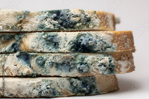 Multiple slices of moldy bread exhibiting vibrant green and dark spots of fungus. Food concept