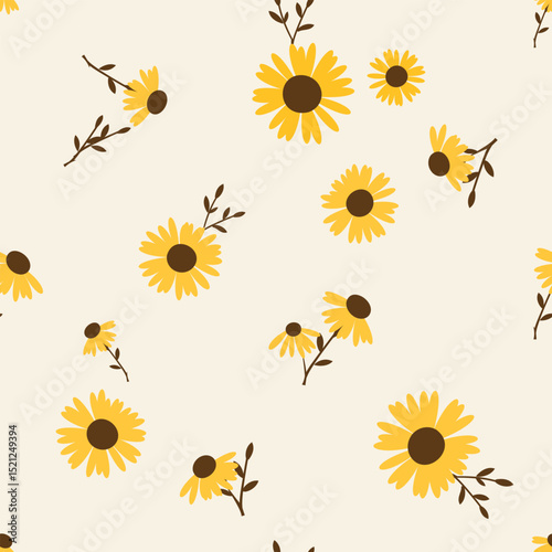 Seamless pattern with sunflower and branches on light yellow  background vector.
