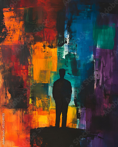 A solitary figure standing before an abstract piece of art, symbolizing the isolation of individual perception in a fragmented world