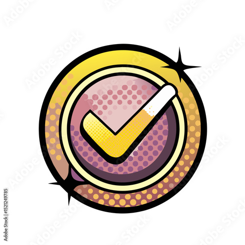 Vector image in comic book style with check mark in circle design, transparent background  