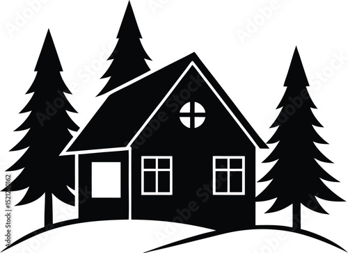 Silhouette illustration of a cabin in the woods surrounded by pine trees on a hill