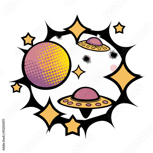 Colorful vector image of UFOs and planets in comic book pop art style, transparent background  