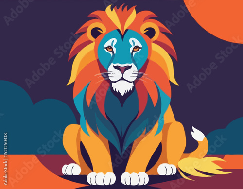 Colorful cartoon lion sitting upfront with majestic mane and long tail - Animal vector illustration