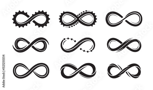 Diverse black silhouette infinity symbol designs for concept representation and graphic design